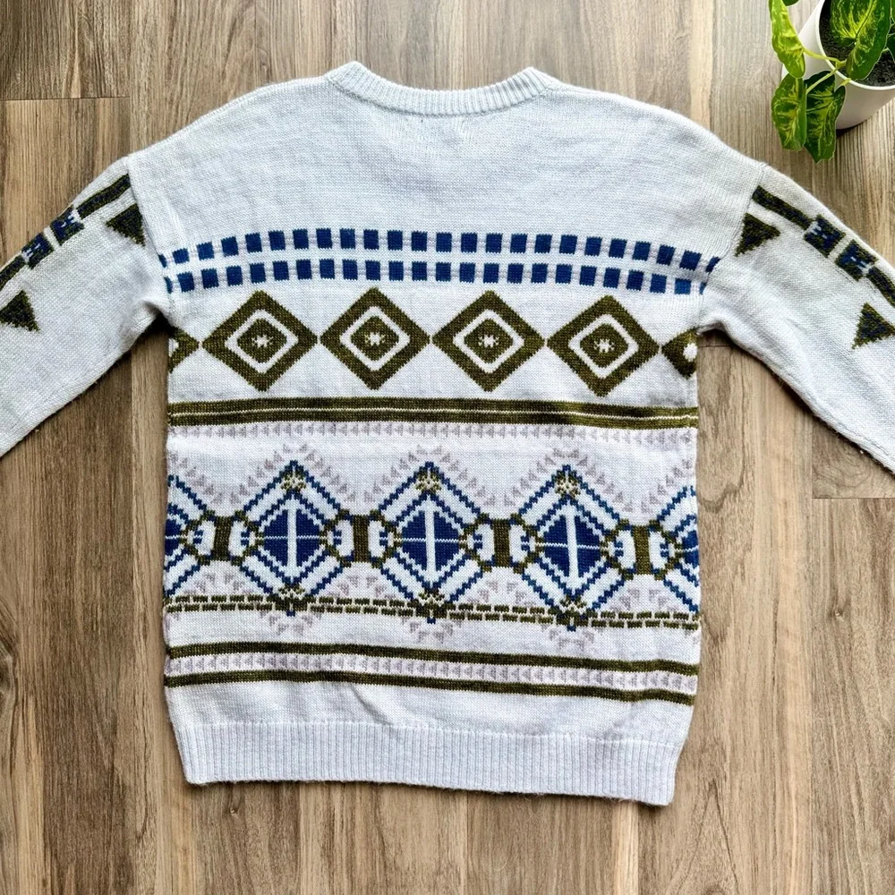 J.Crew Fair Isle Abstract Geometric Knit Sweater Gray Blue Olive‎ – Size Small